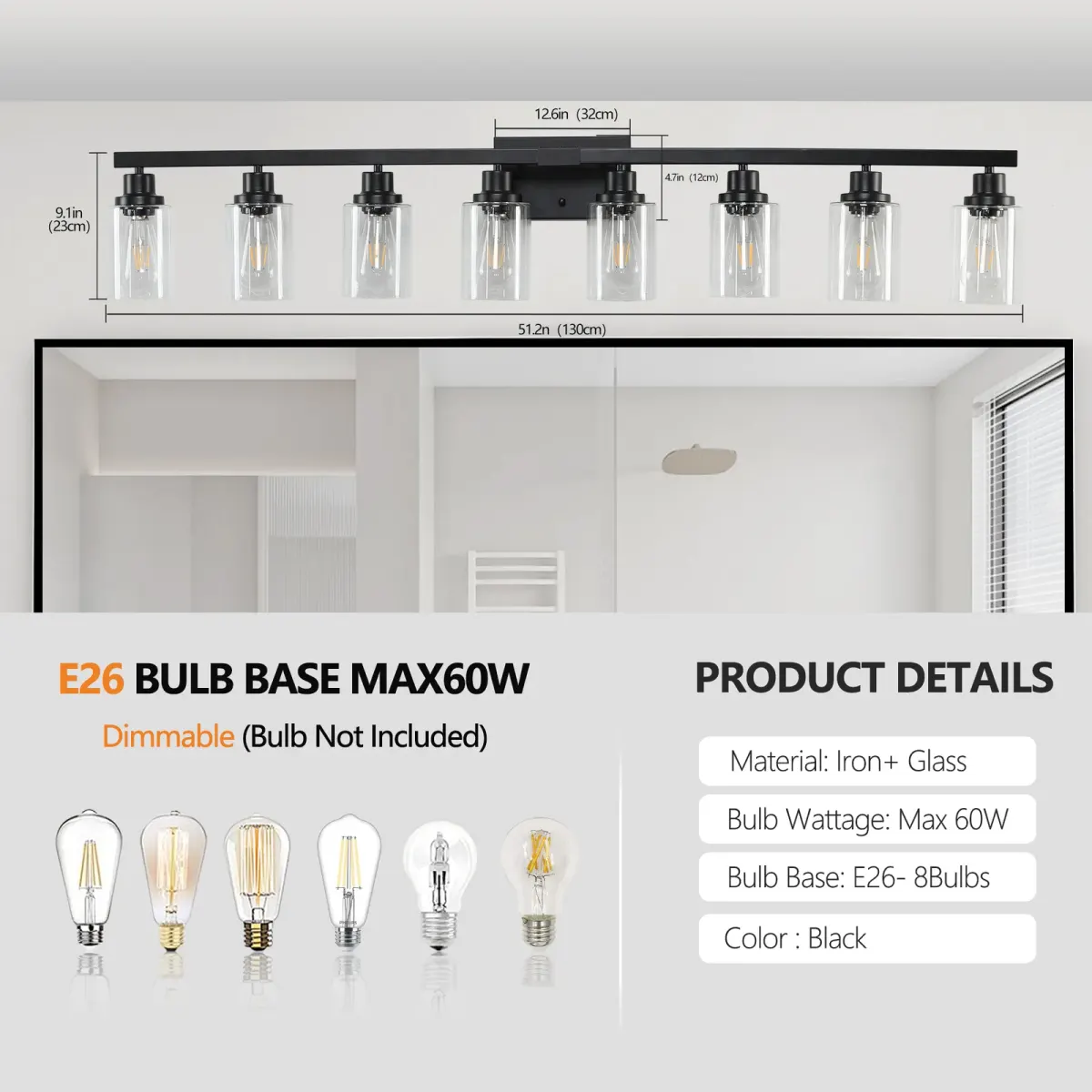 Clear glass vanity bar, 8 lights, black, dimension drawing 1