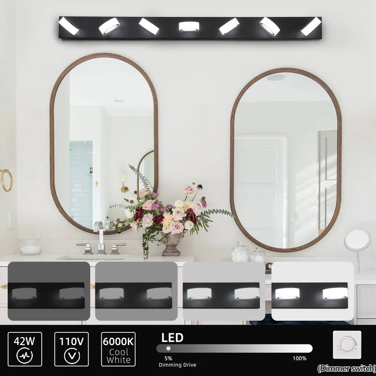 Acrylic shade vanity bar, 7 lights, black, manufacturer image 1