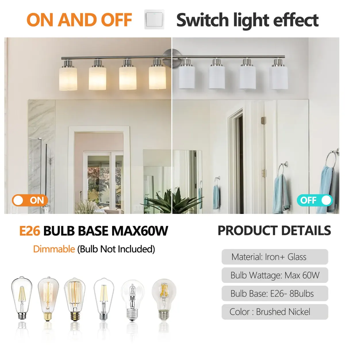 Frosted glass vanity sconce, 8 lights, chrome, manufacturer image 3