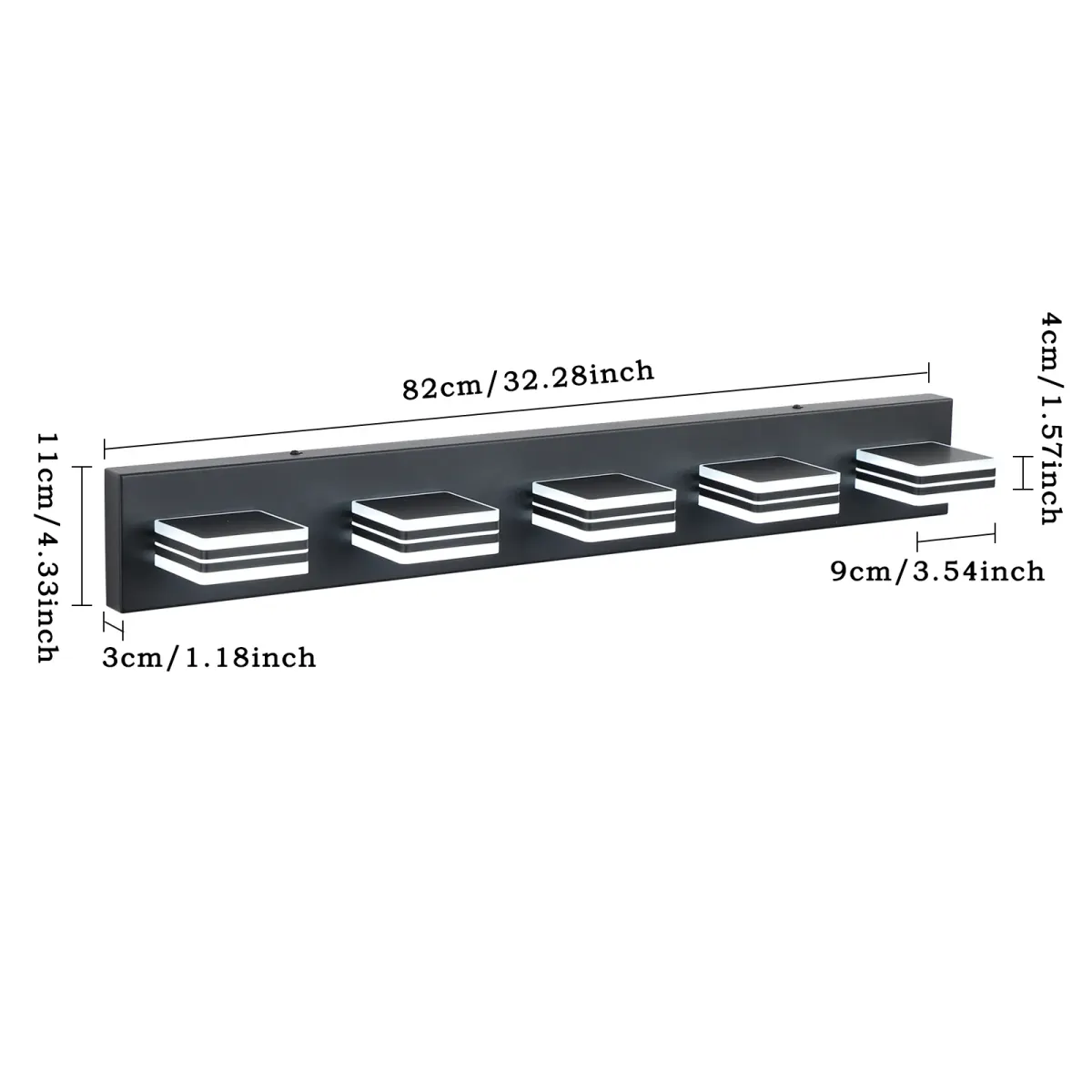 Square acrylic vanity bar, 5 lights, black, dimension drawing 1