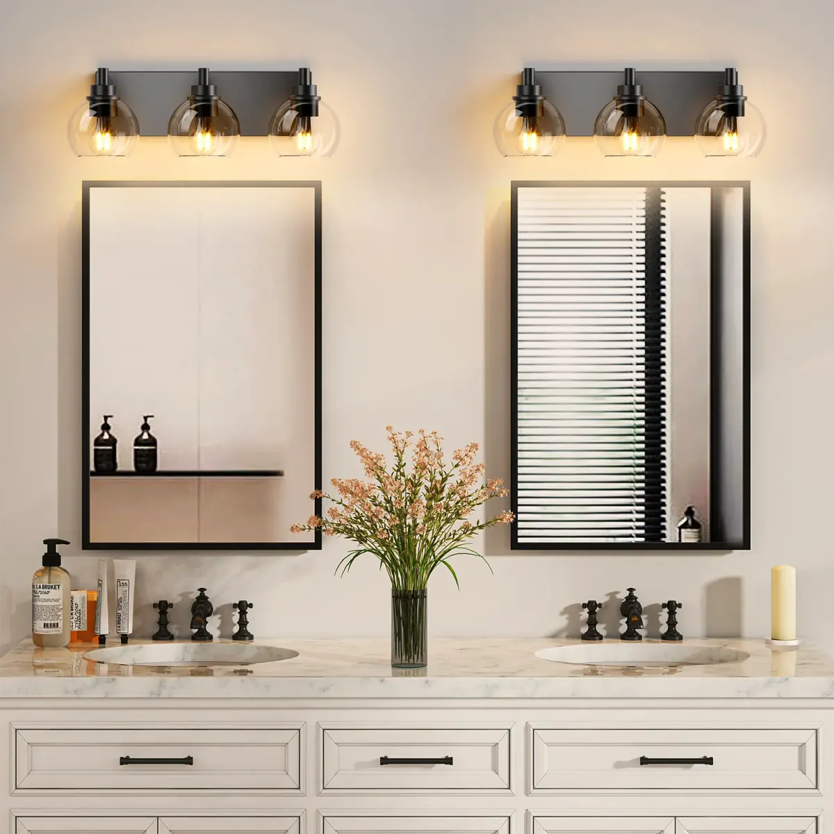 Clear glass vanity bar, 3–6 lights, 19.3–40.6 in, 3 lights, black, view 3