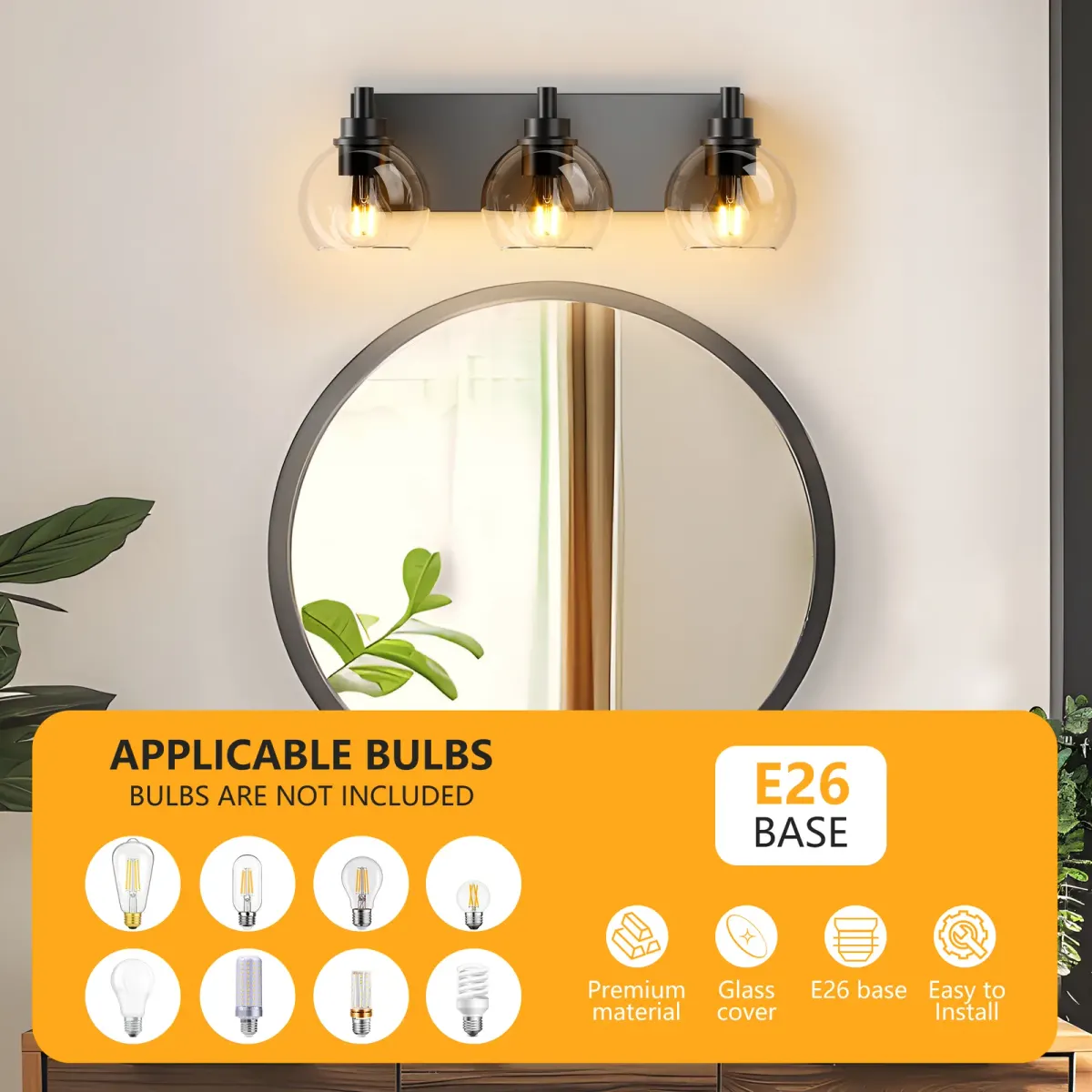 Clear glass vanity bar, 3–6 lights, 19.3–40.6 in, 3 lights, black, manufacturer image 1