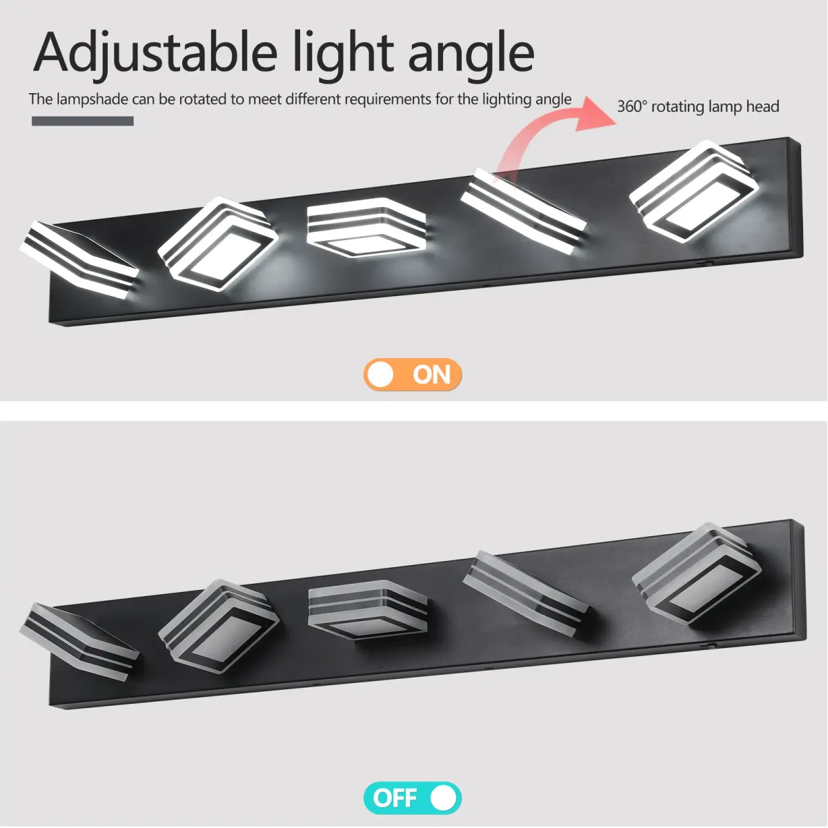 Square acrylic vanity bar, 5 lights, black, manufacturer image 2
