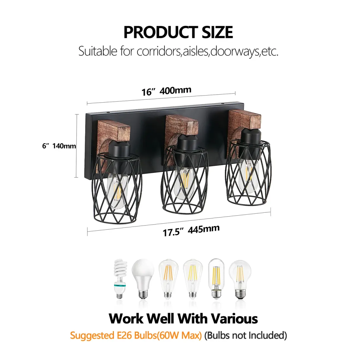 Cage wall sconce, 3 lights, walnut, dimension drawing 1