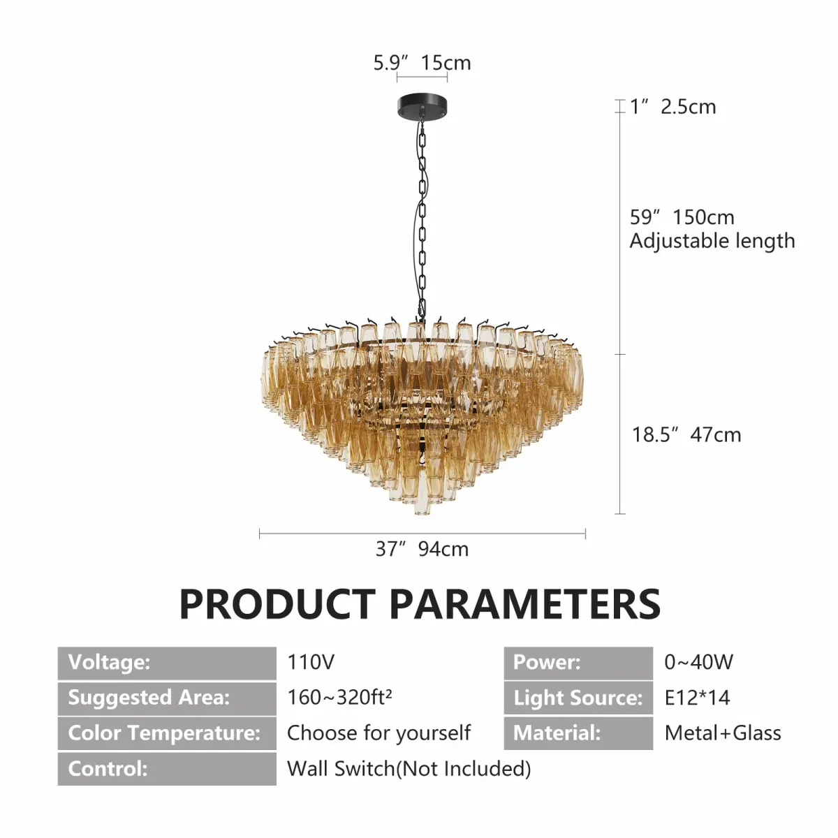 14-light tiered chandelier, black, dimension drawing 1