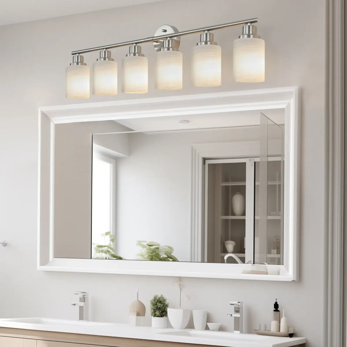 Frosted glass vanity sconce, 6 lights, chrome, view 2
