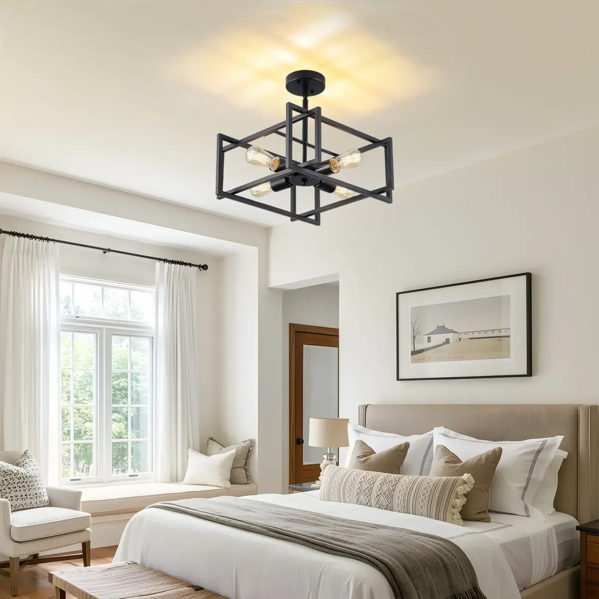 Flush mount chandelier, 4 lights, black, view 2