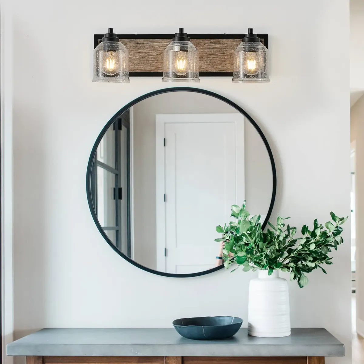Seeded glass wood vanity bar, 3 lights, black, view 3
