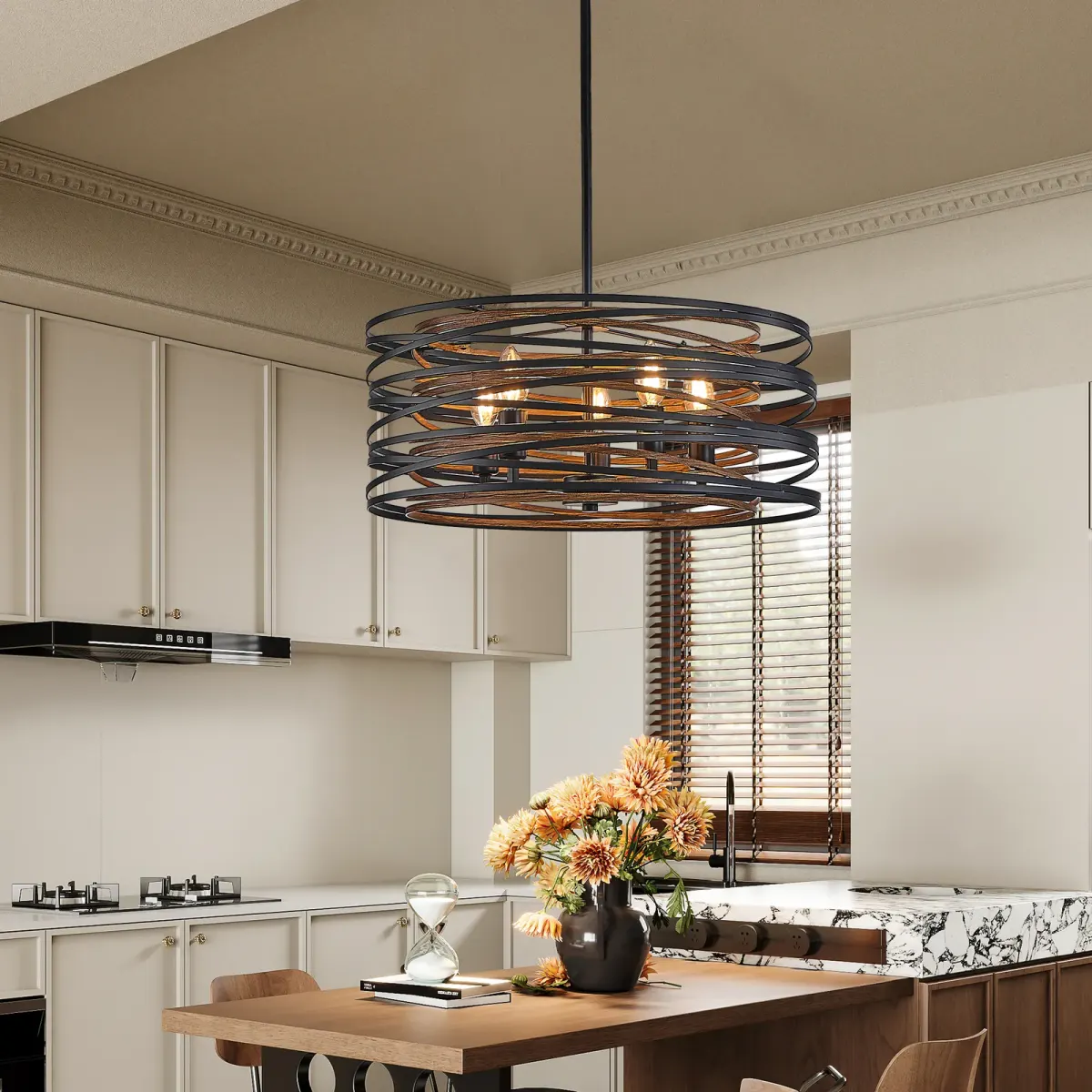 5-light wood cage chandelier, walnut, view 4