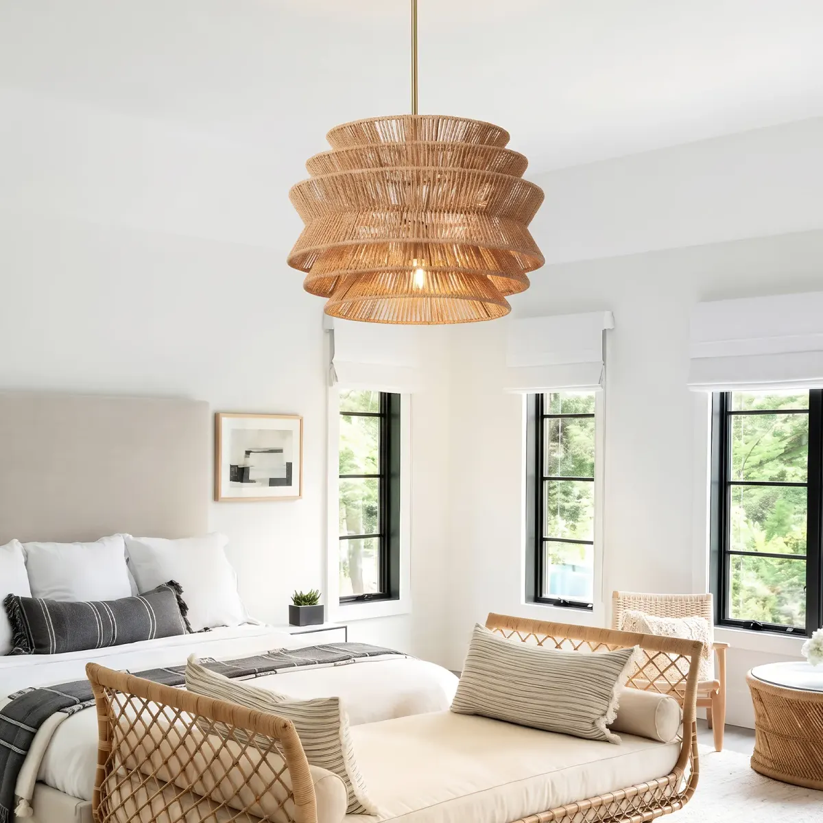 Rattan chandelier, 17.3 in, brown, manufacturer image 1