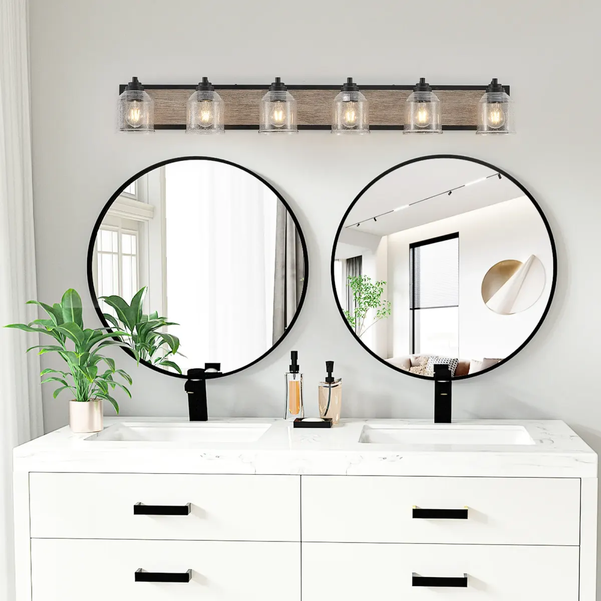 Seeded glass wood vanity bar, 6 lights, black, view 7
