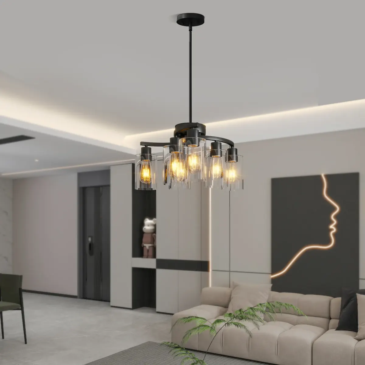 6-light clear glass chandelier, black, view 3