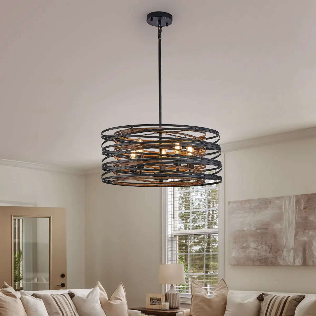 5-light wood cage chandelier, walnut, view 2