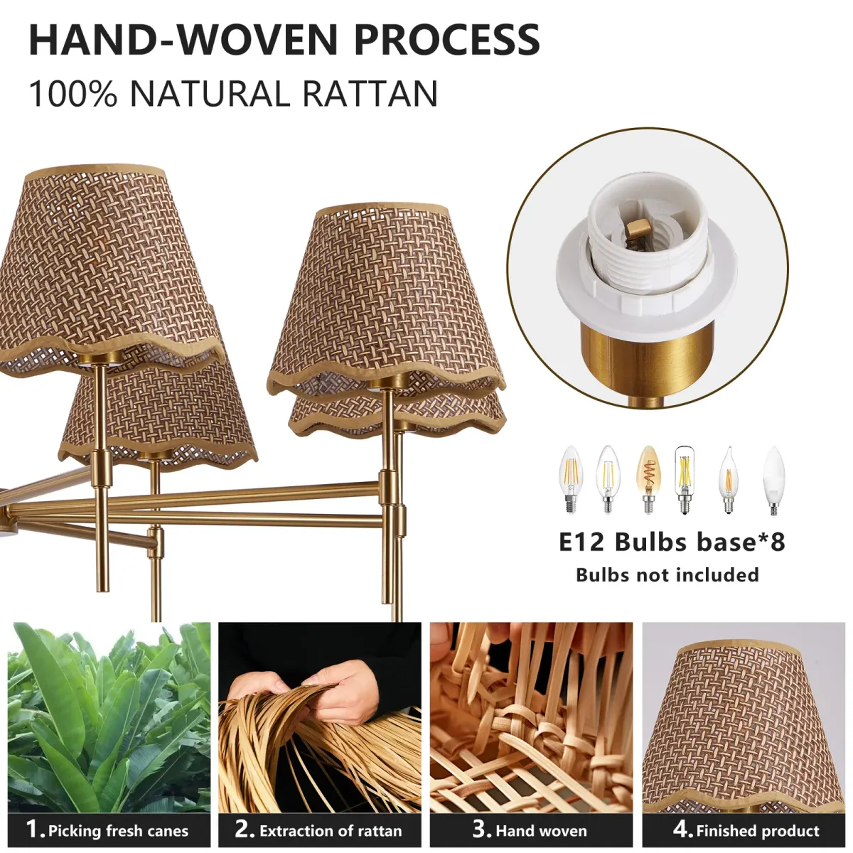 Rattan chandelier, 8 lights, gold, manufacturer image 1