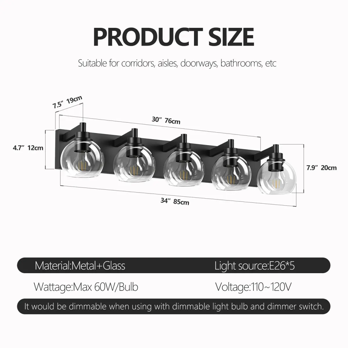 Clear glass vanity bar, 3–6 lights, 19.3–40.6 in, 5 lights, black, dimension drawing 2