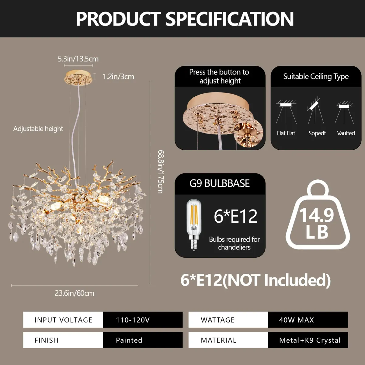 6-light crystal branch chandelier, gold, manufacturer image 1