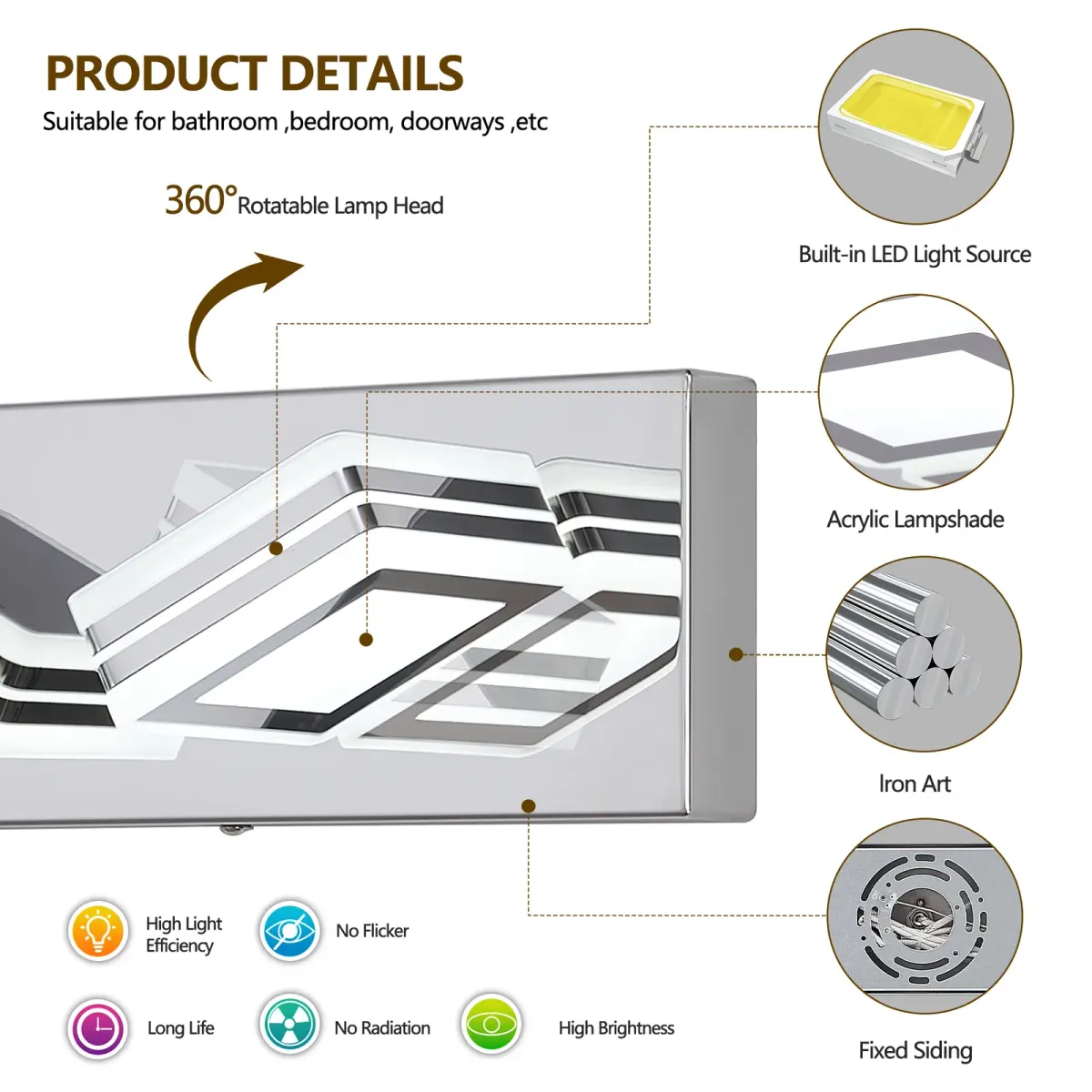 Square acrylic vanity bar, 3 lights, chrome, manufacturer image 2