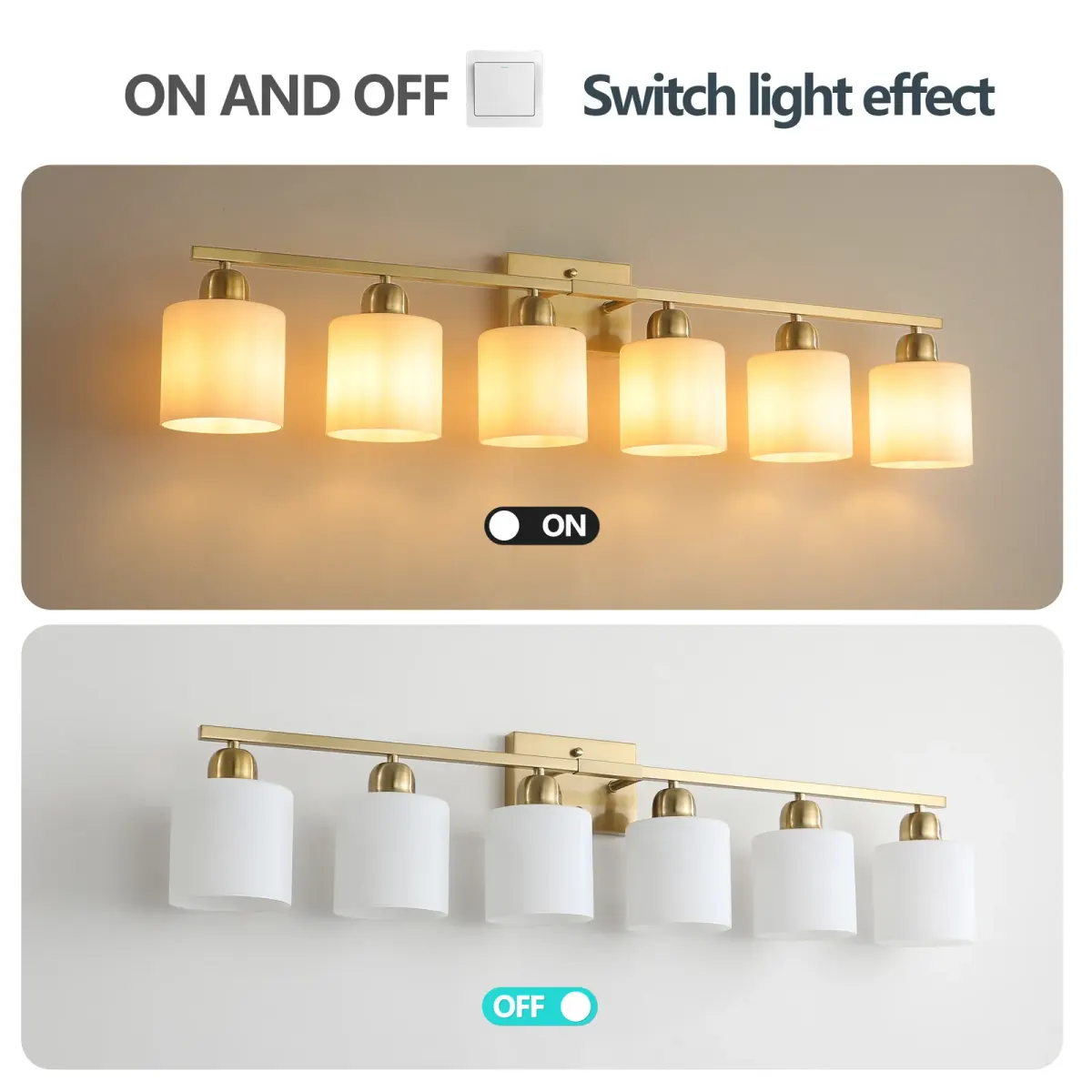Frosted glass vanity bar, 6 lights, copper tone, manufacturer image 1