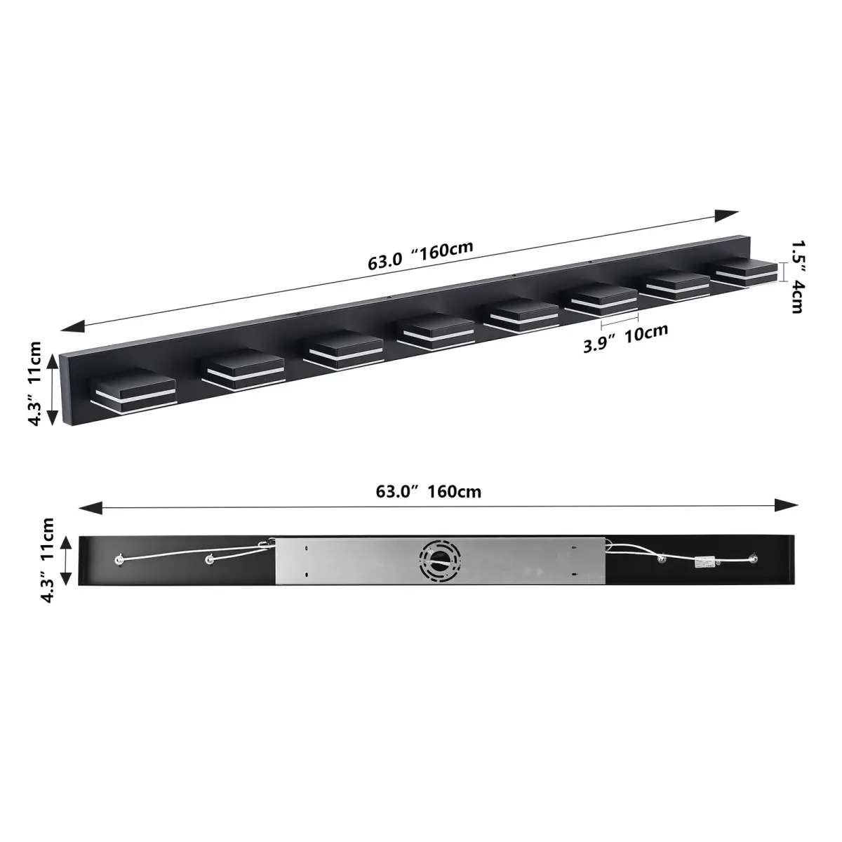 Minimalist LED vanity bar, 8 lights, black, dimension drawing 1