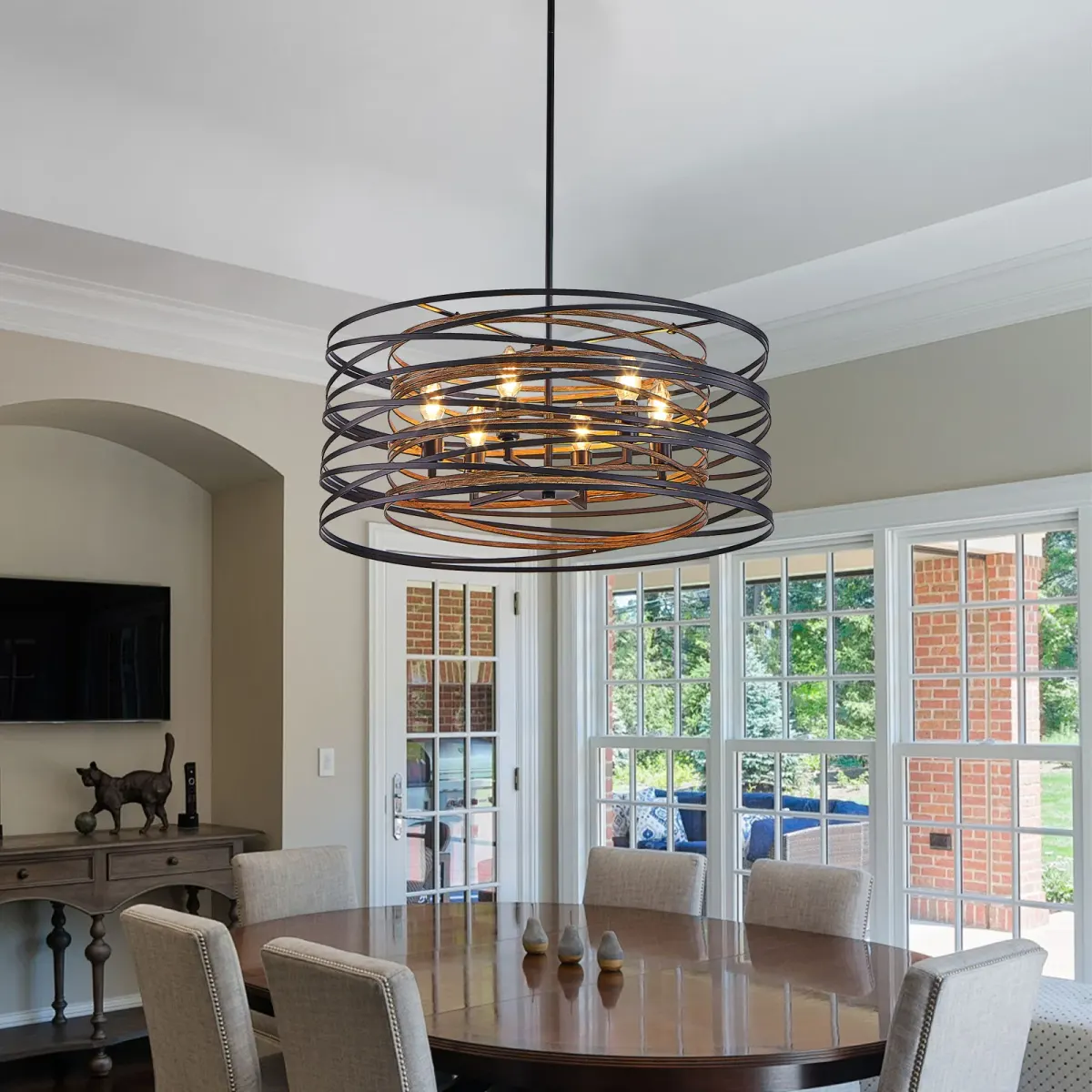 6-light wood cage chandelier, walnut