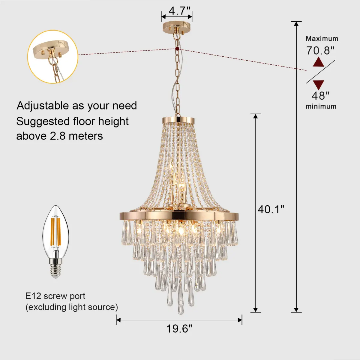 Crystal tiered chandelier, 11 lights, 11 lights, gold, dimension drawing 1