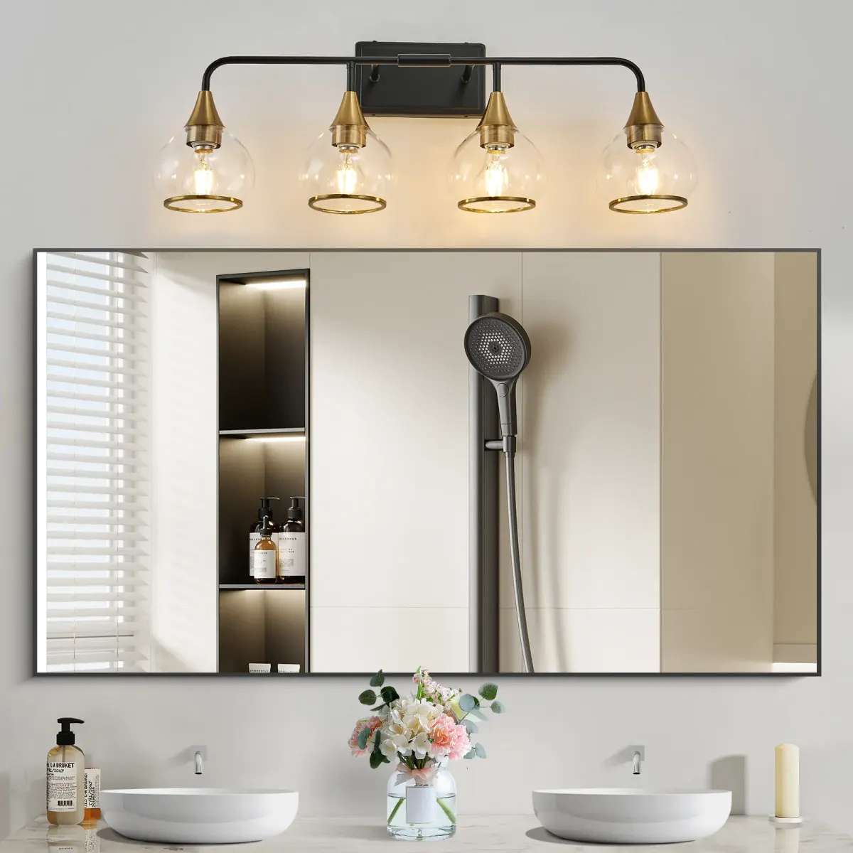 Clear glass vanity bar, 3–6 lights, 22.6–48.1 in, 4 lights, black and gold, view 3