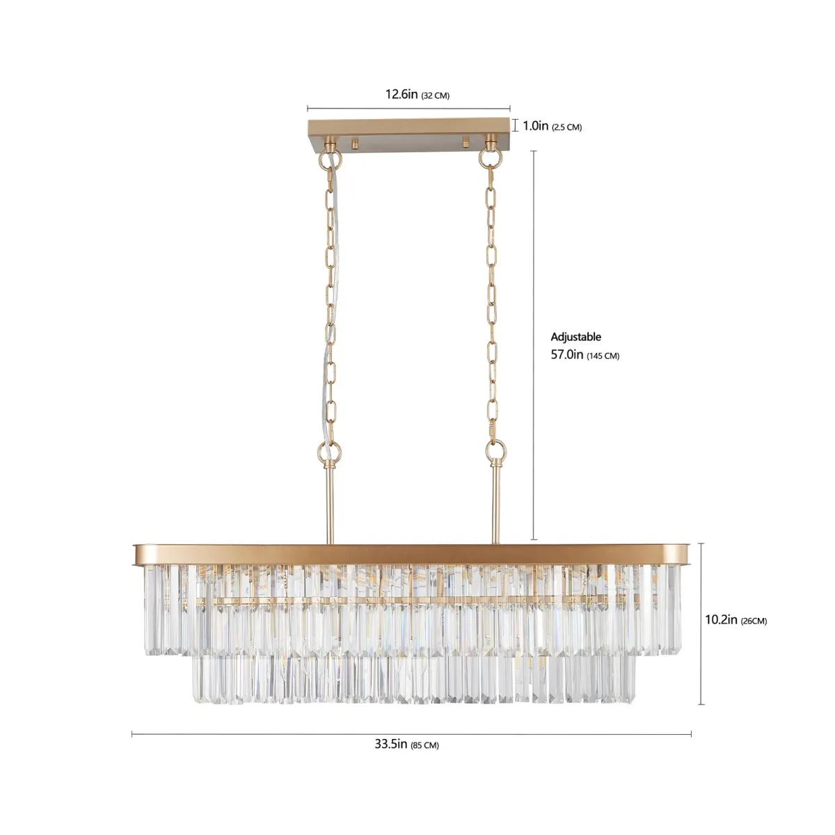 Crystal rectangle chandelier, 33.5 in, 33.5 in, gold, view 5