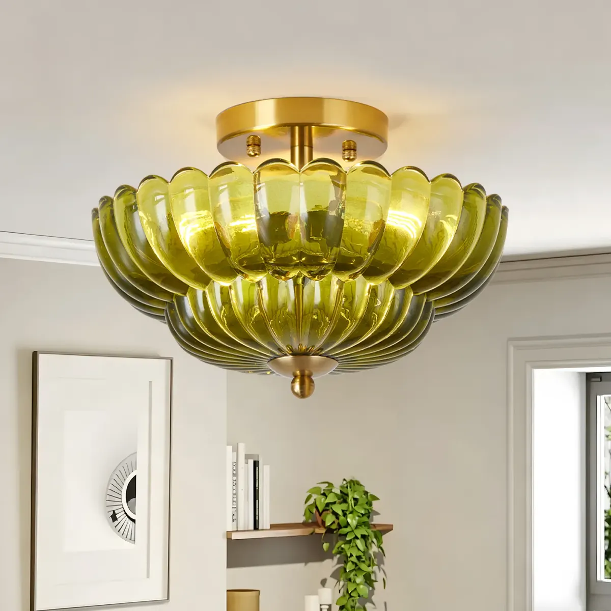 Glass semi-flush mount, 3 lights, green