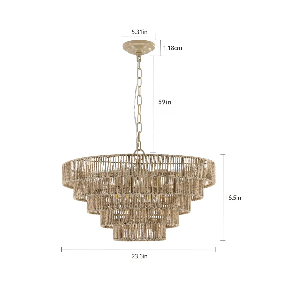 Rope chandelier, 23.6 in, wood, dimension drawing 1
