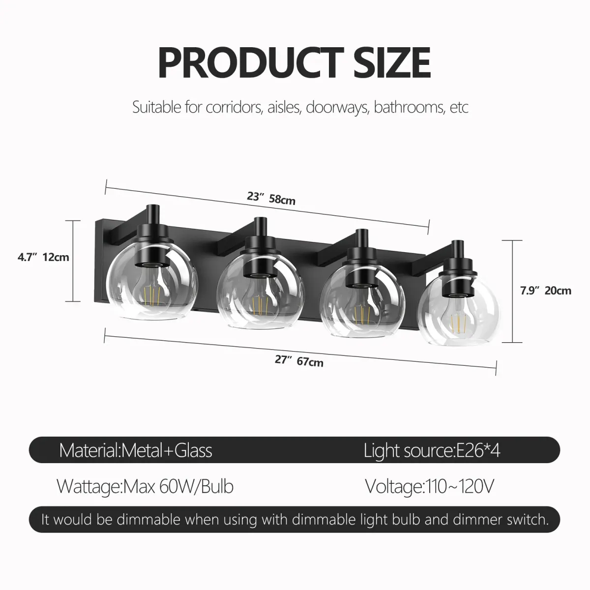 Clear glass vanity bar, 3–6 lights, 19.3–40.6 in, 4 lights, black, dimension drawing 1