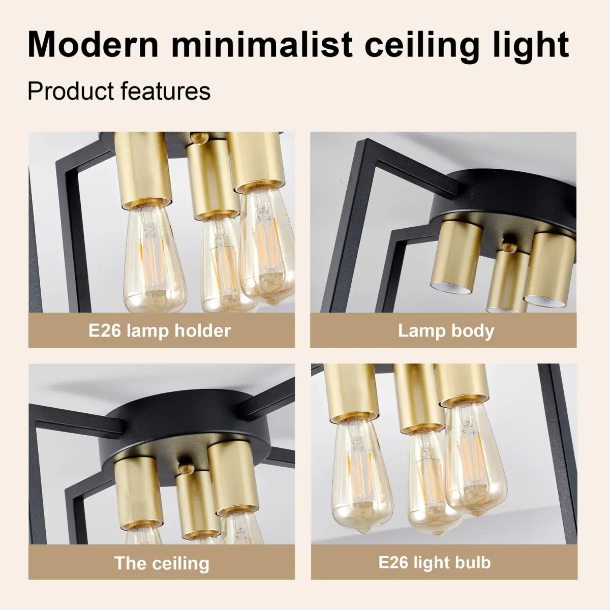 Geometric chandelier, 3 lights, black and gold, view 6