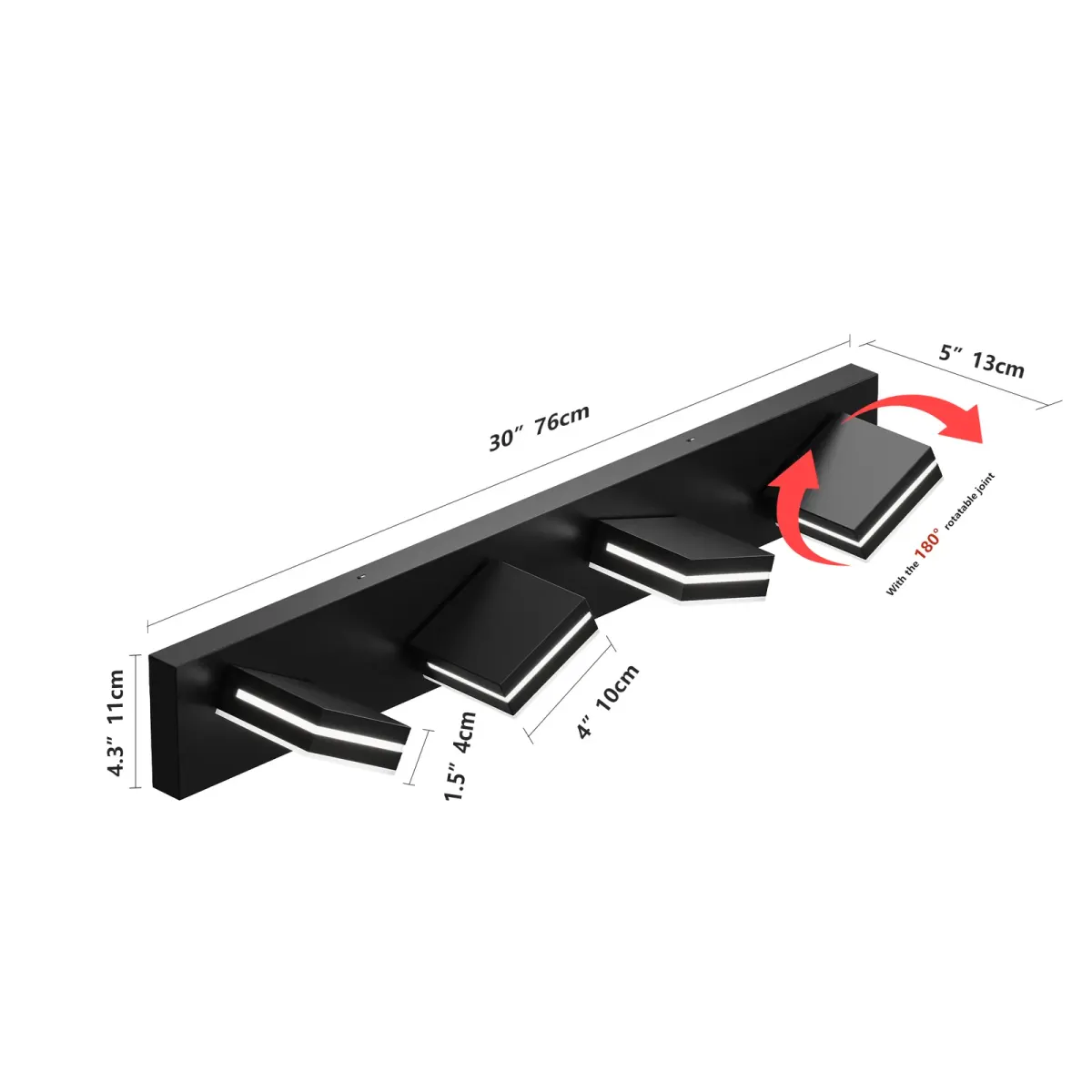 Minimalist LED vanity bar, 4 lights, black, dimension drawing 1