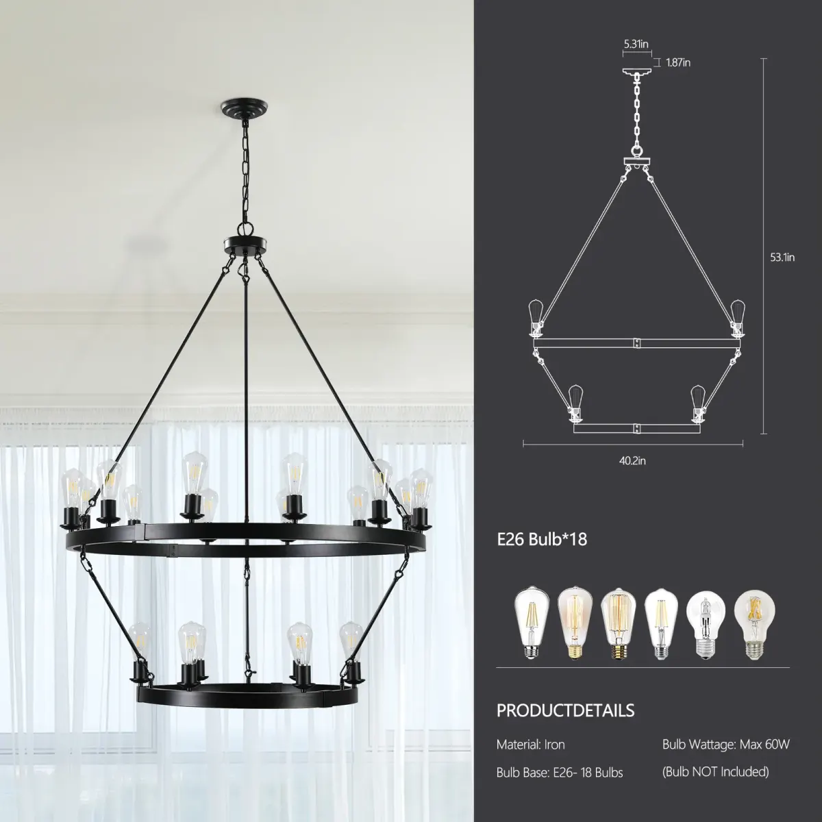 Chandelier, 40.2 in, black, manufacturer image 1
