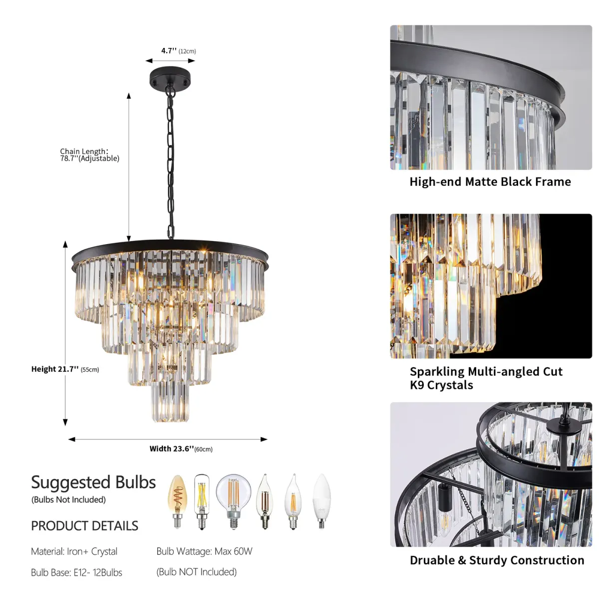 Crystal chandelier, 23.6 in, black, dimension drawing 1
