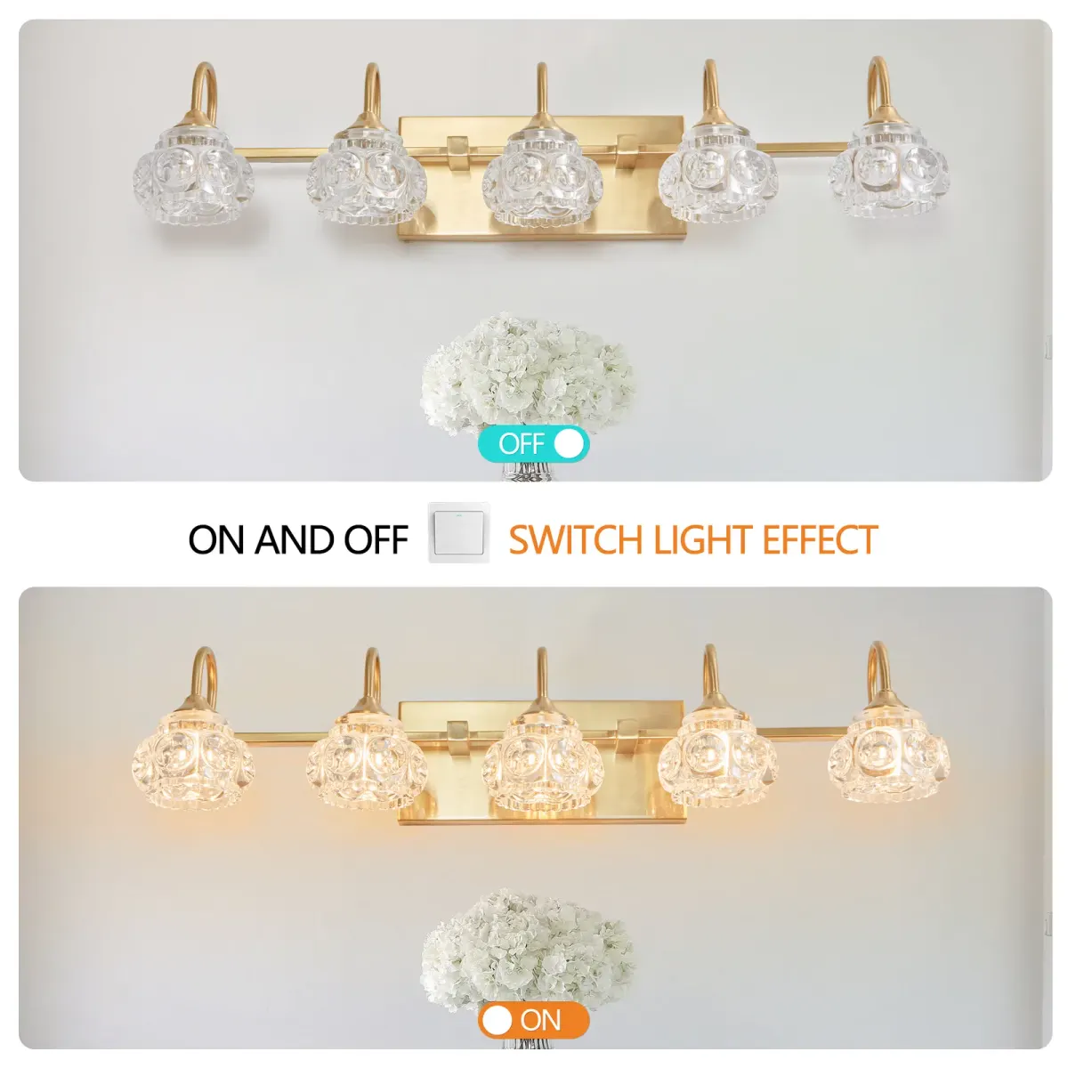 Crystal glass vanity bar, 5 lights, gold, manufacturer image 1