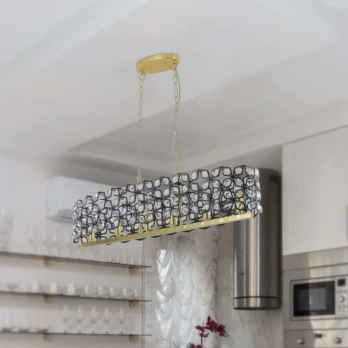 Crystal geometric chandelier, 39.4 in, black,gold,transparent, view 6
