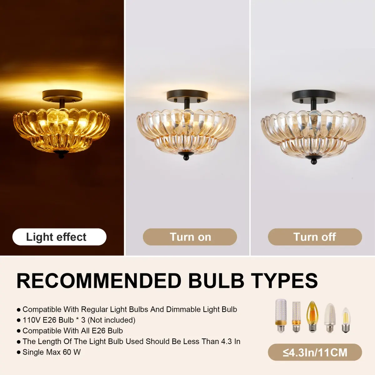Glass semi-flush mount, 11.8 in, amber, manufacturer image 2
