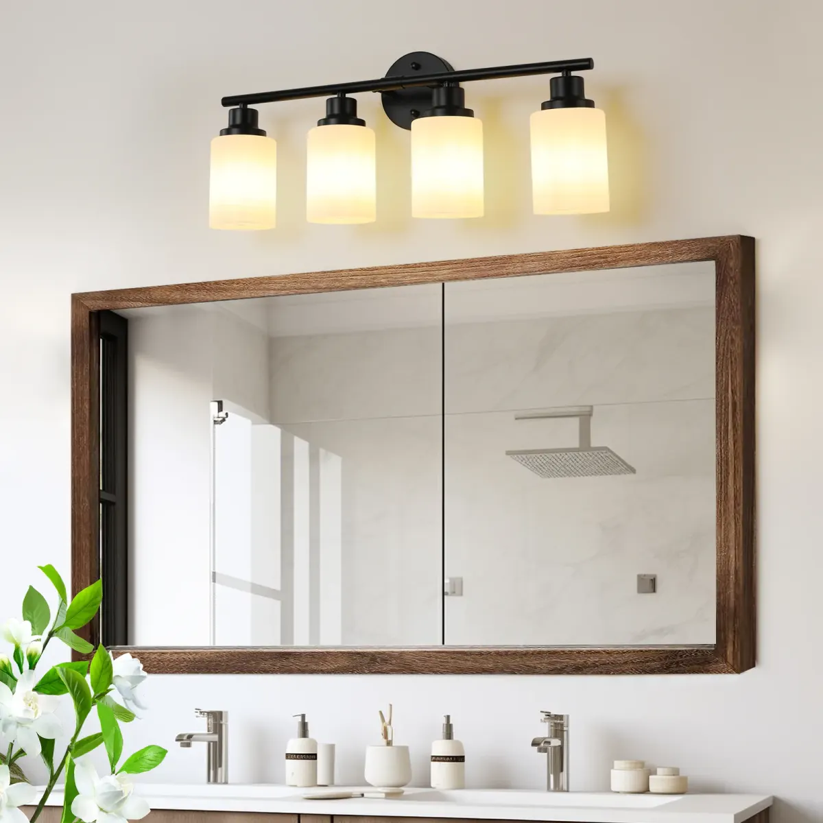 Frosted glass vanity sconce, 4 lights, black, view 2