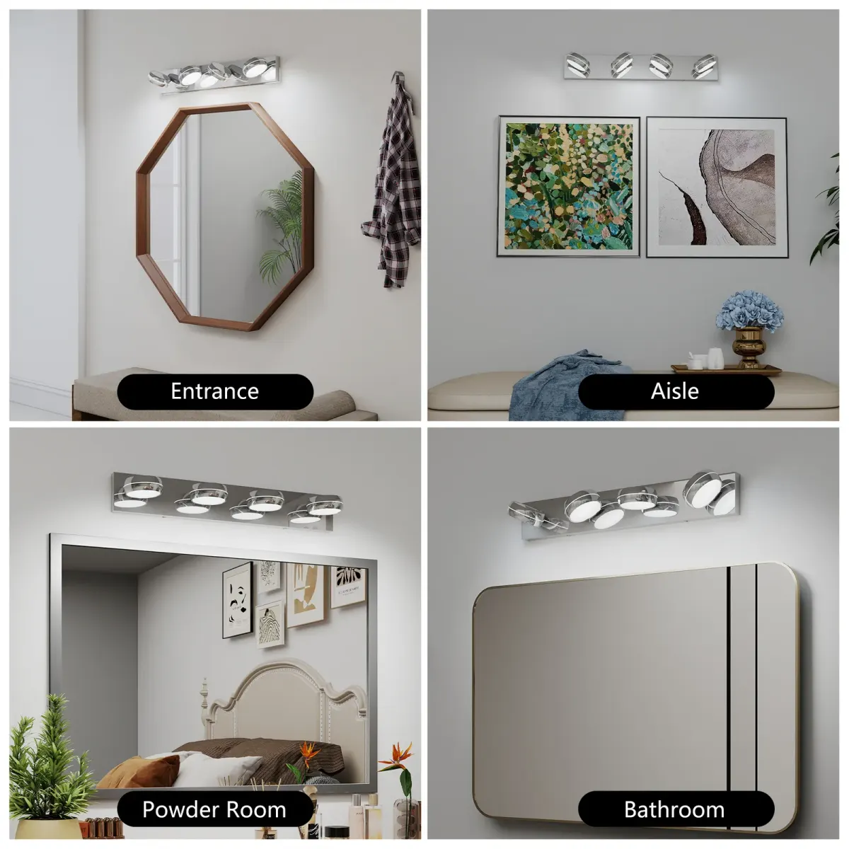Swivel-head LED vanity light, 4 lights, chrome, manufacturer image 1
