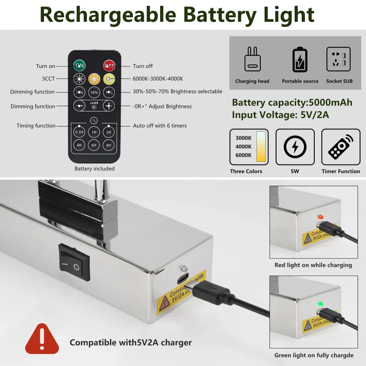 Rechargeable picture light, 15.7 in, chrome, manufacturer image 4