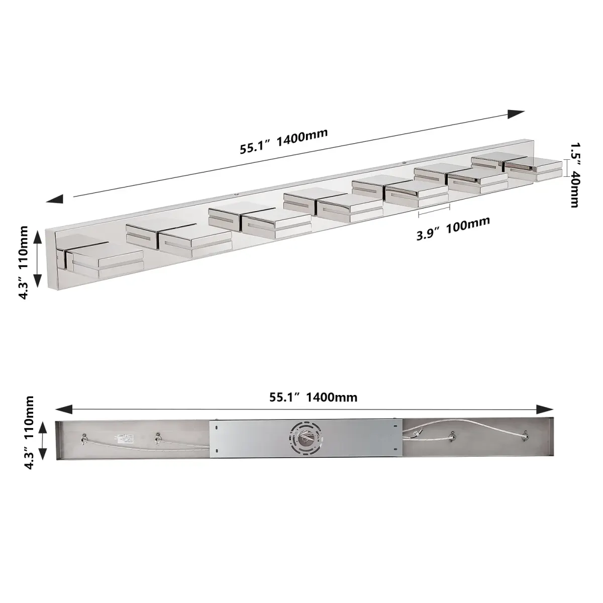 Minimalist LED vanity bar, 7 lights, chrome, dimension drawing 2