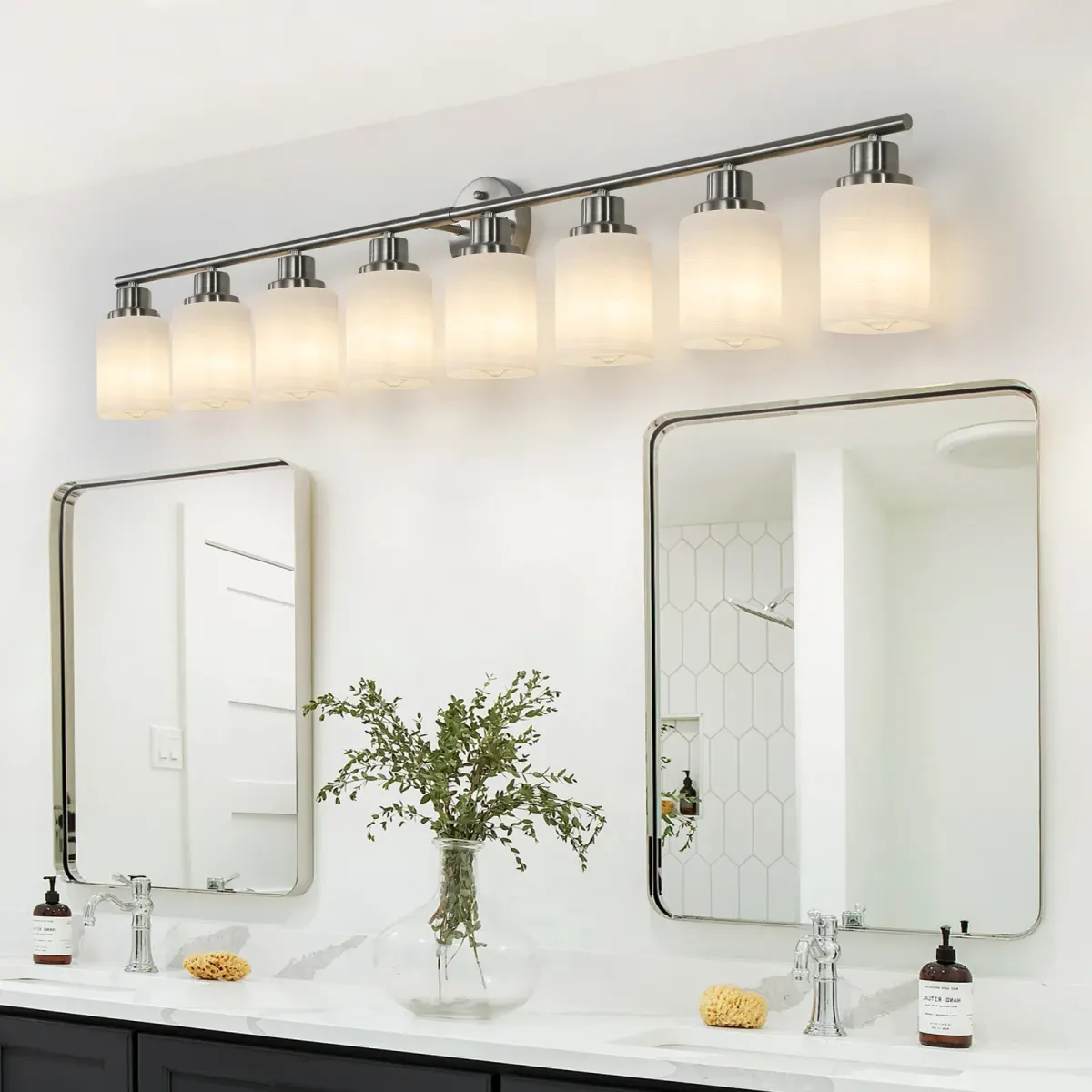 Frosted glass vanity sconce, 8 lights, chrome, manufacturer image 1