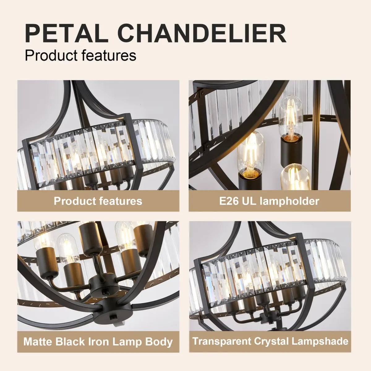 5-light crystal chandelier, black, manufacturer image 3