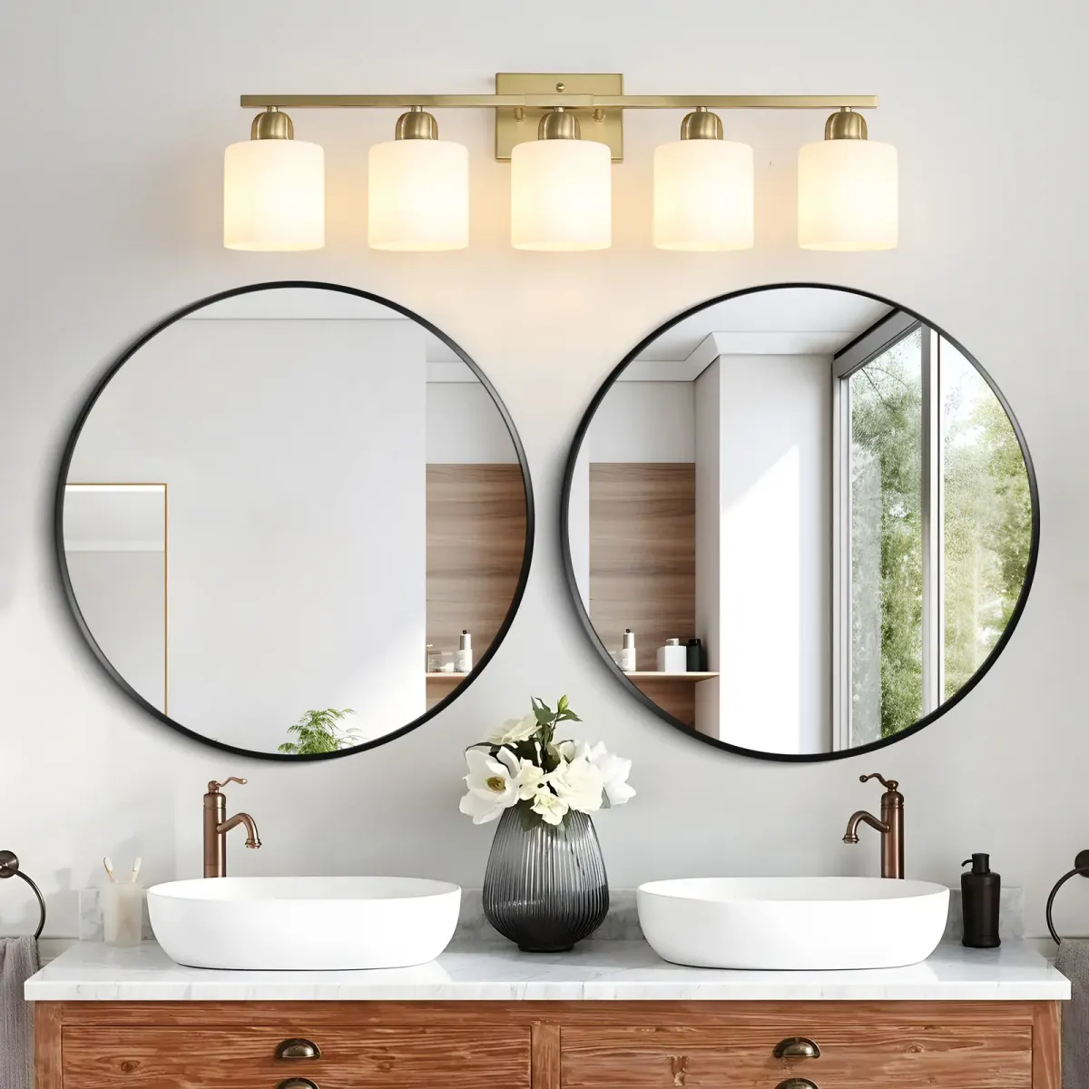 Frosted glass vanity bar, 5 lights, copper tone, view 2