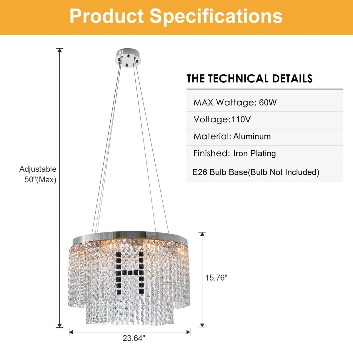 Crystal chandelier, 23.6 in, clear, dimension drawing 1