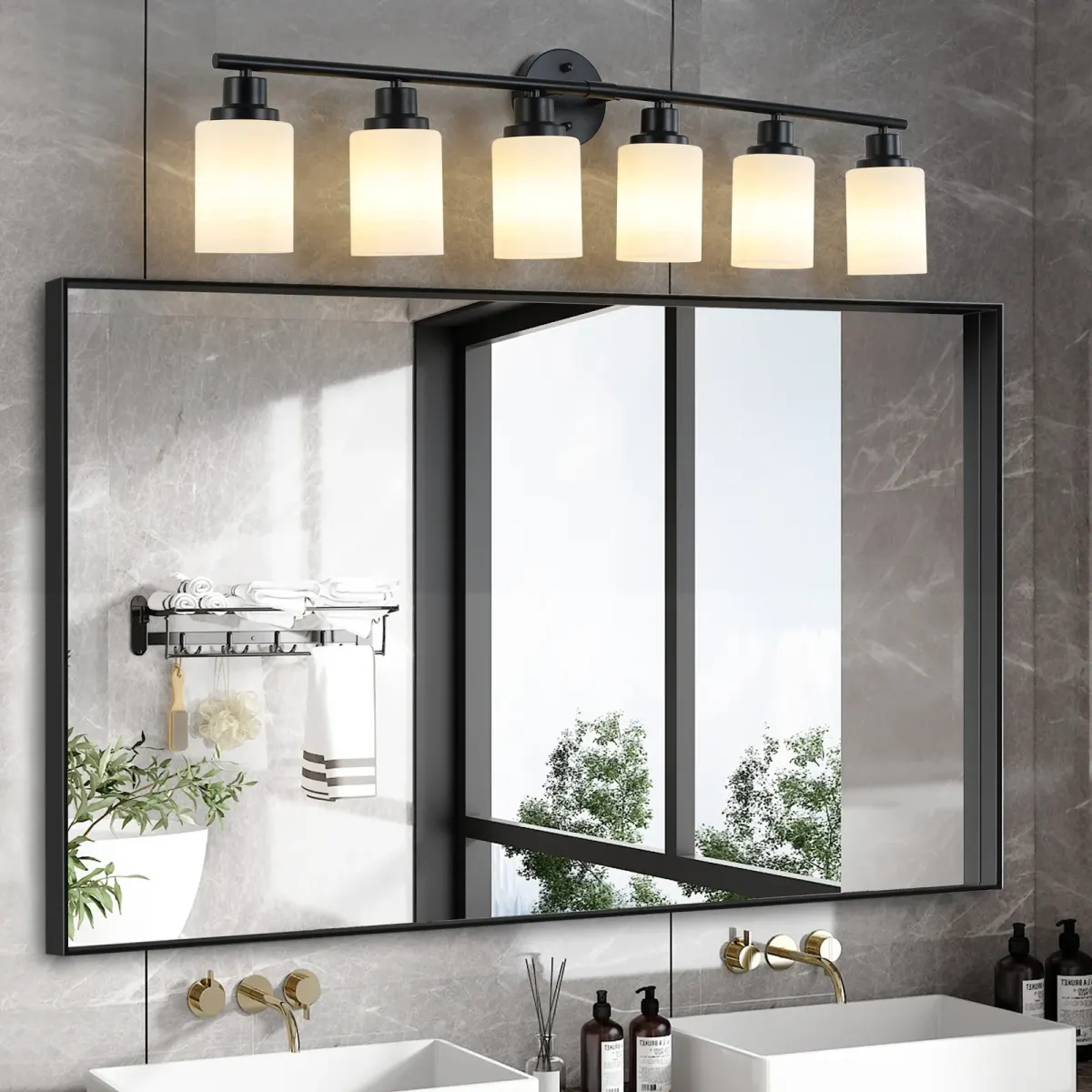 Frosted glass vanity sconce, 6 lights, black