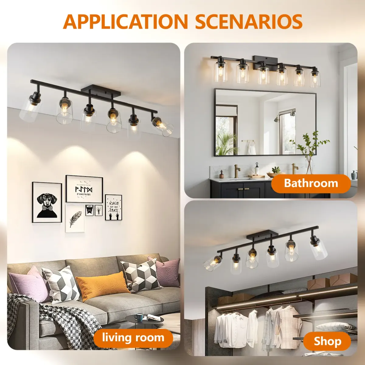 Clear glass semi-flush mount, 6 lights, black, view 3