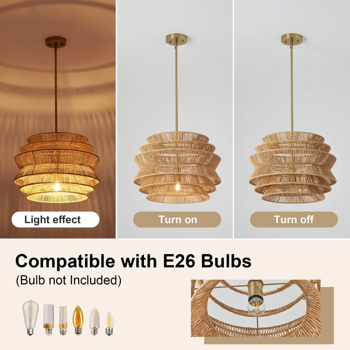 Rattan chandelier, 17.3 in, brown, manufacturer image 4