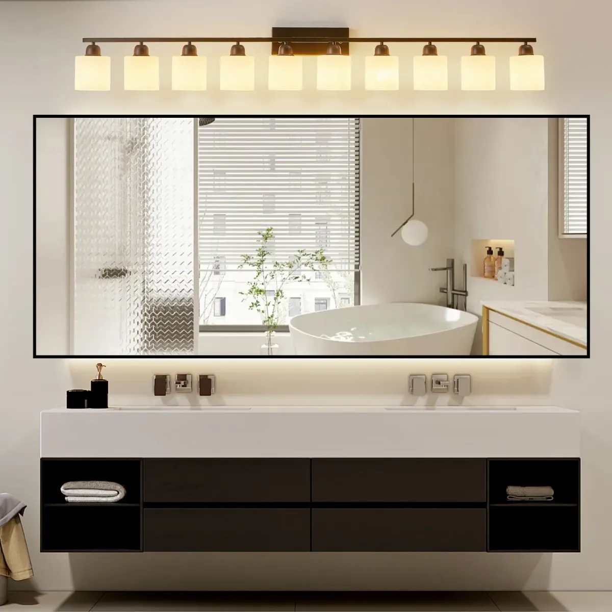 Frosted glass vanity bar, 10 lights, black, view 4