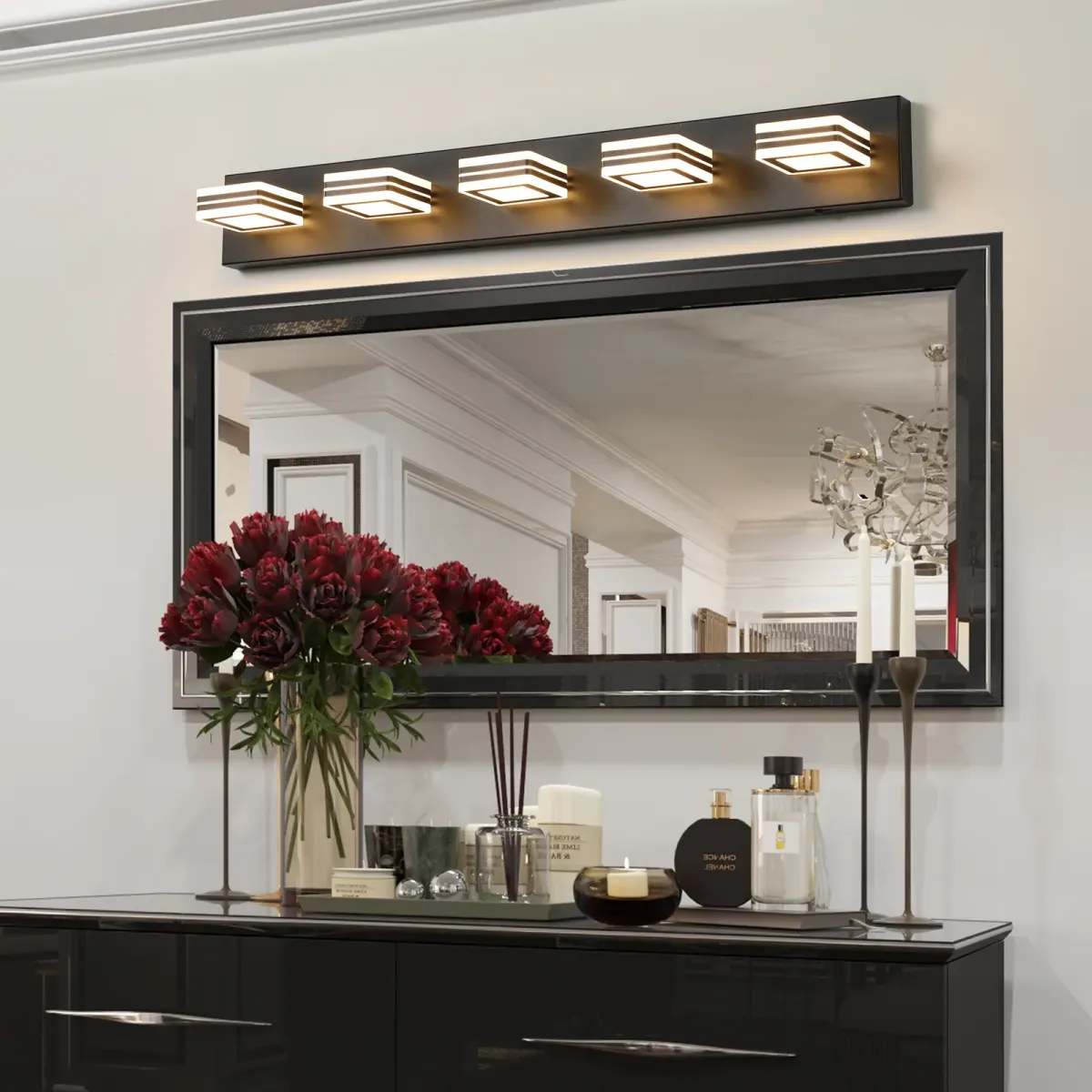 Square acrylic vanity bar, 5 lights, black, view 4